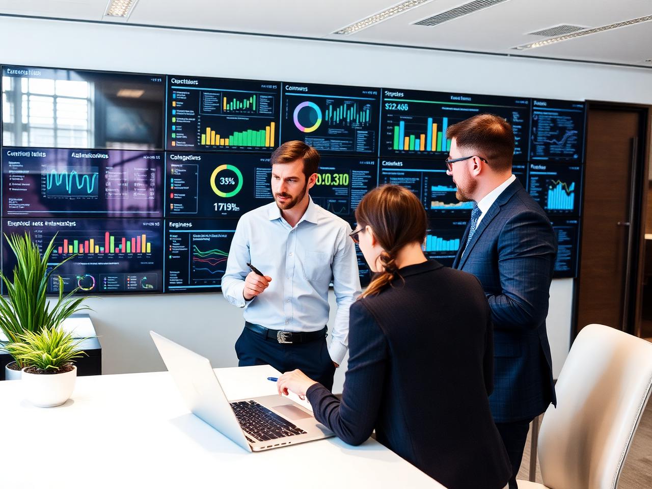 Business consultants discussing strategic planning in a modern corporate office