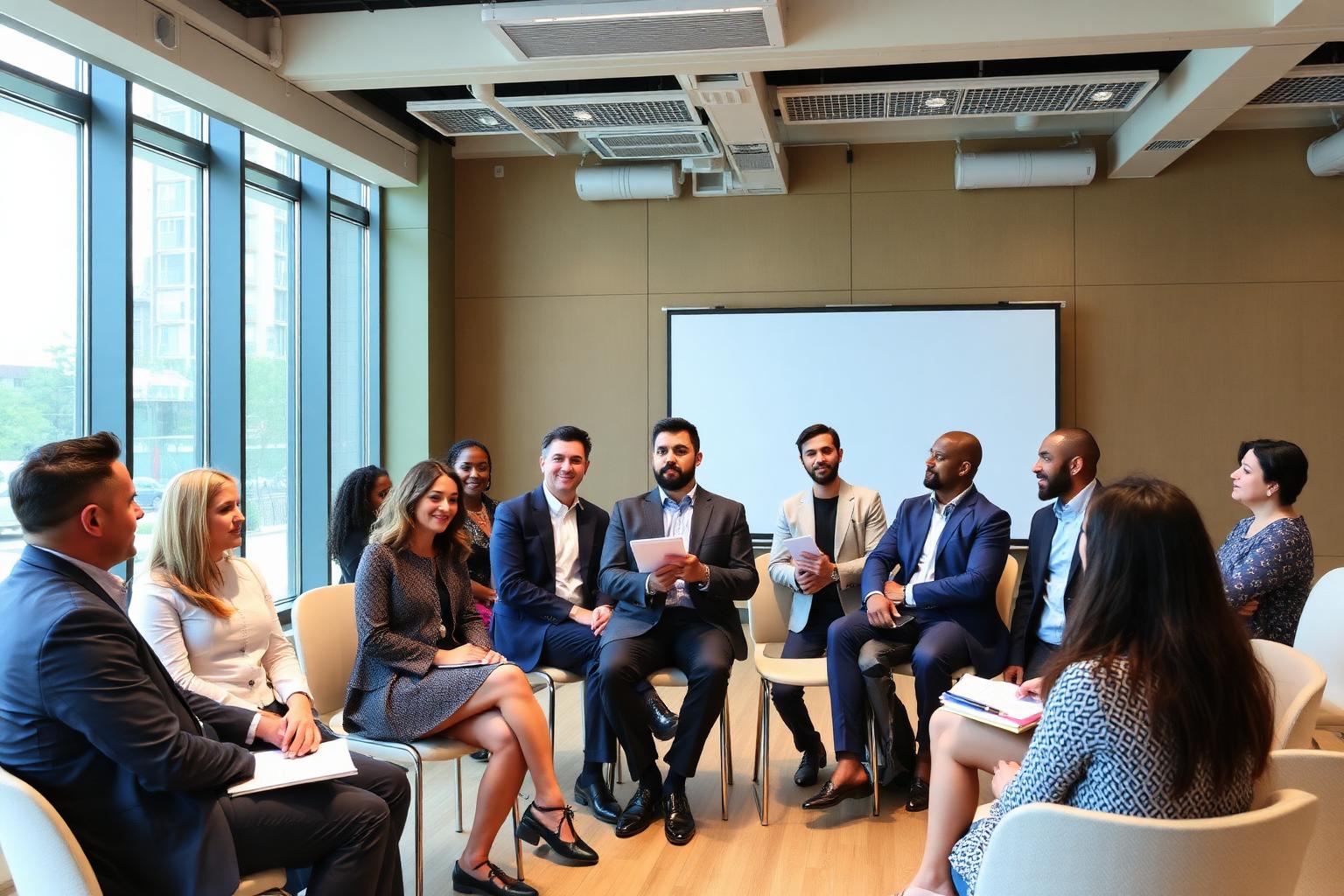 Corporate leadership workshop with diverse professionals